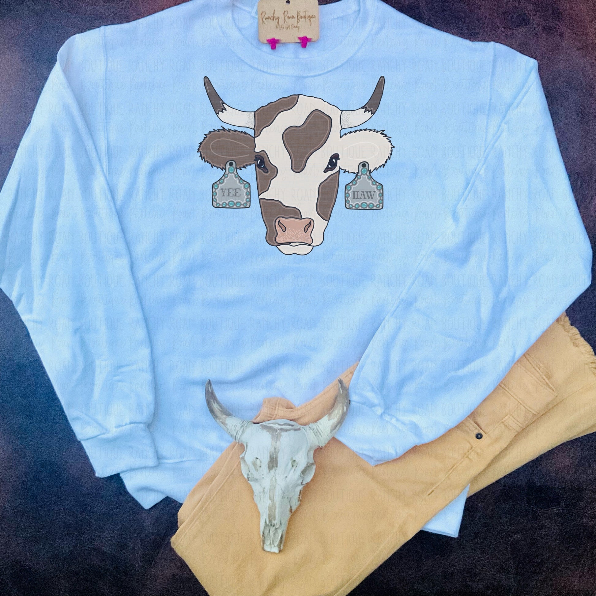 Yee Haw Cow Tag Sweatshirt - Ranchy Roan Boutique 