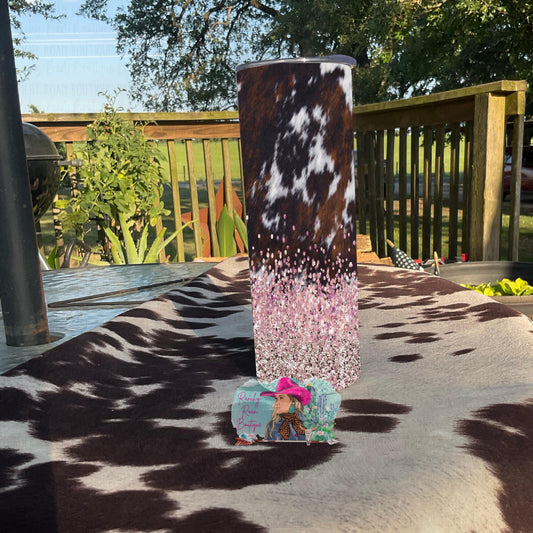 Cowhide Pink Glitter Western 20oz Skinny Tumbler - Ranchy Roan Boutique 