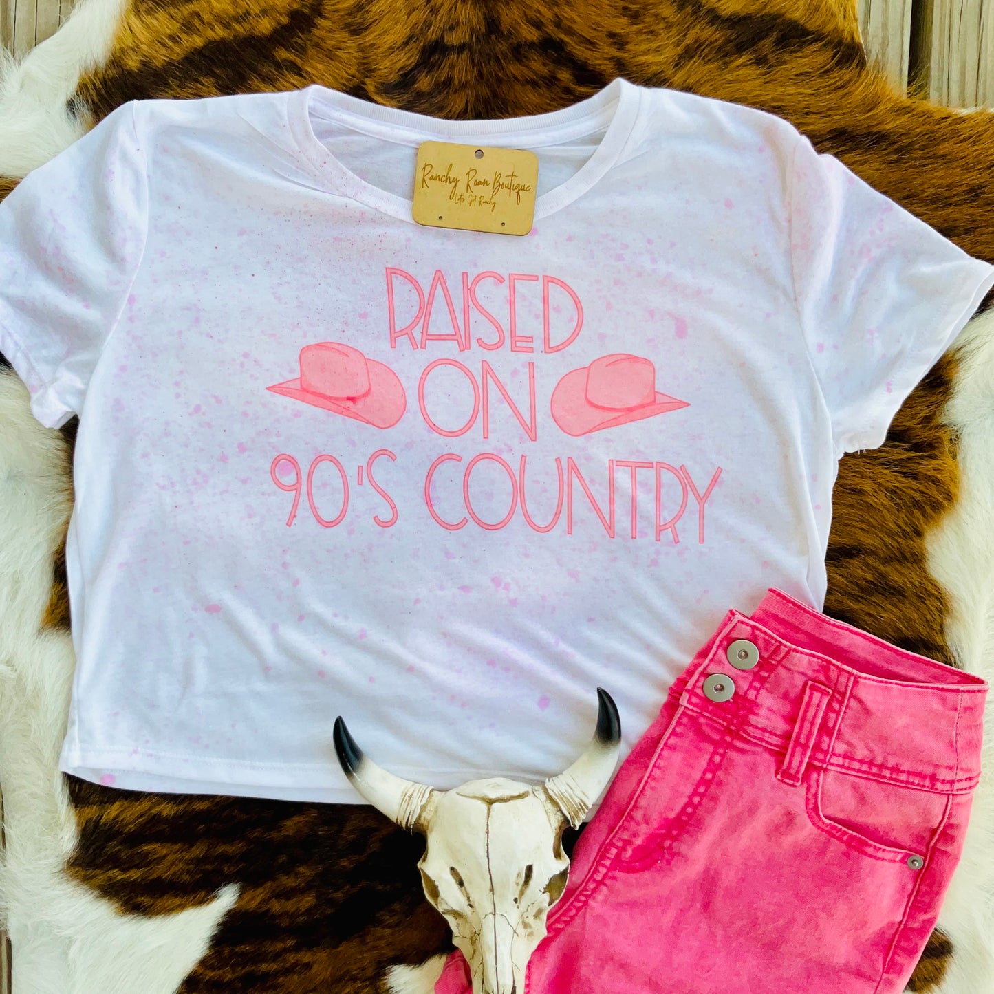 Raised on 90’s Country Pink Boho Western Cropped Tee - Ranchy Roan Boutique 