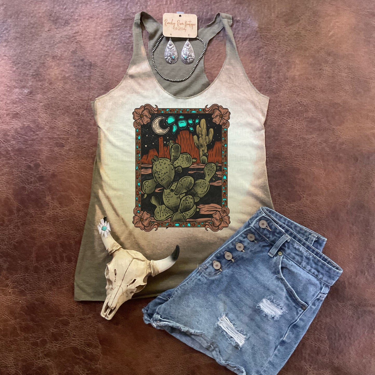 Tooled Leather Cactus Scene Racerback Tank - Ranchy Roan Boutique 