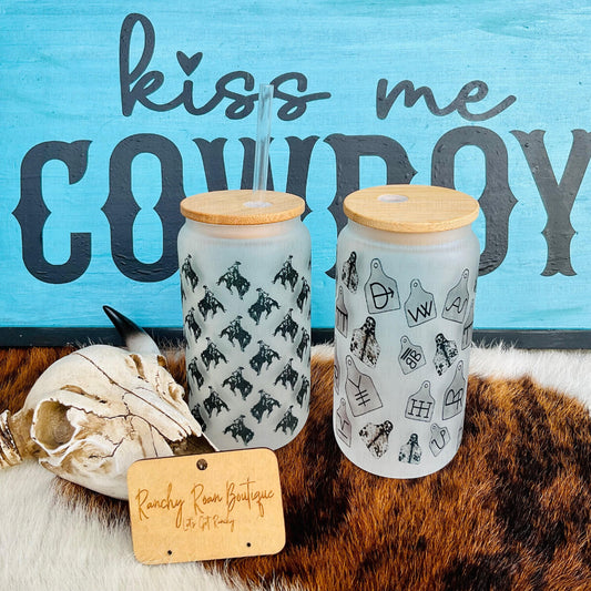 Cowhide Cattle Tag Frosted Glass Western 16 oz Tumbler - Ranchy Roan Boutique 