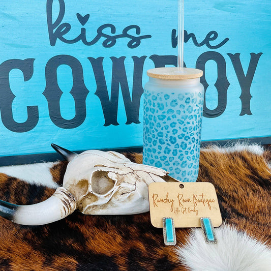 Turquoise Leopard Printed Frosted Glass Western 16 oz Tumbler - Ranchy Roan Boutique 