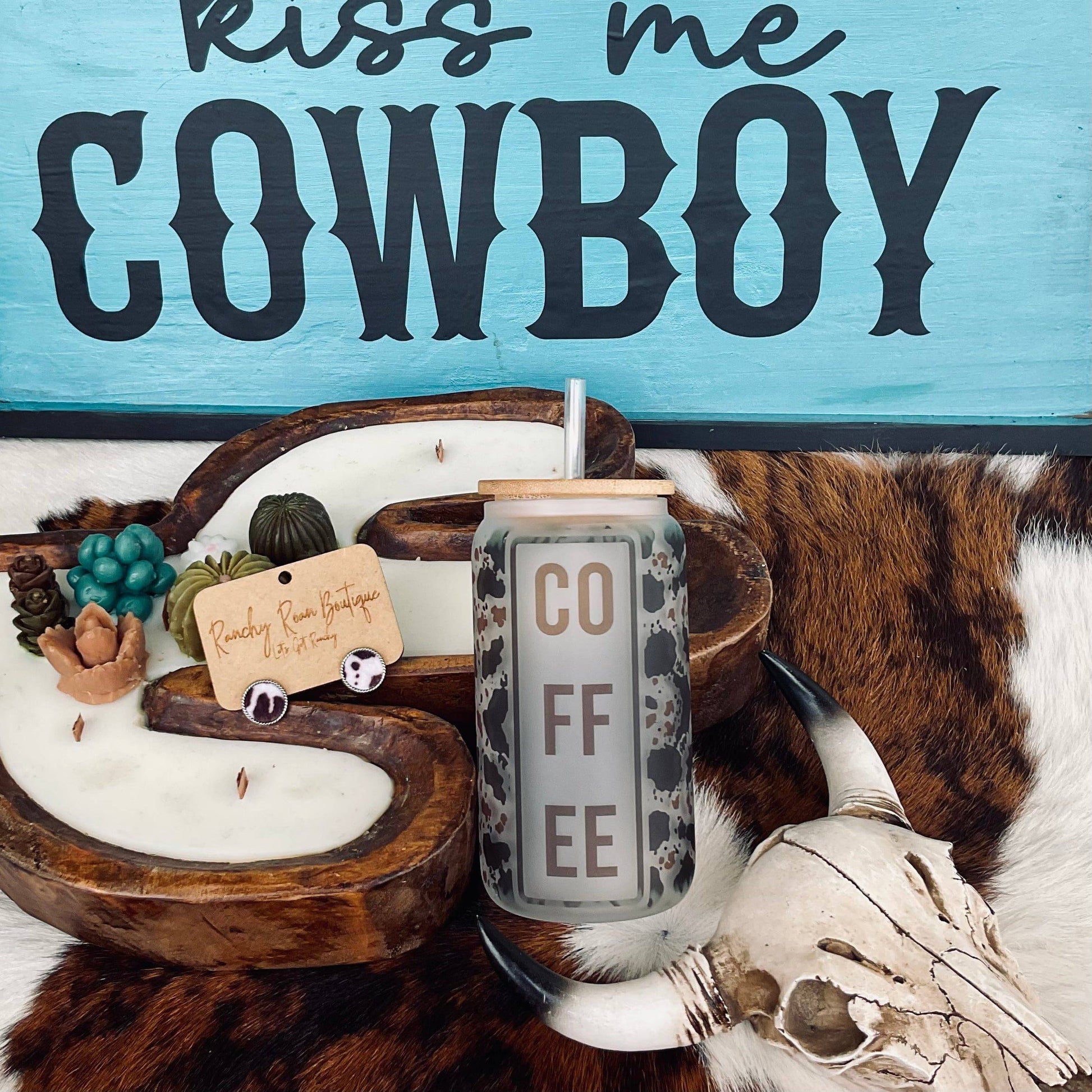 Coffee Cowhide Frosted Glass 16 oz Western Tumbler - Ranchy Roan Boutique 