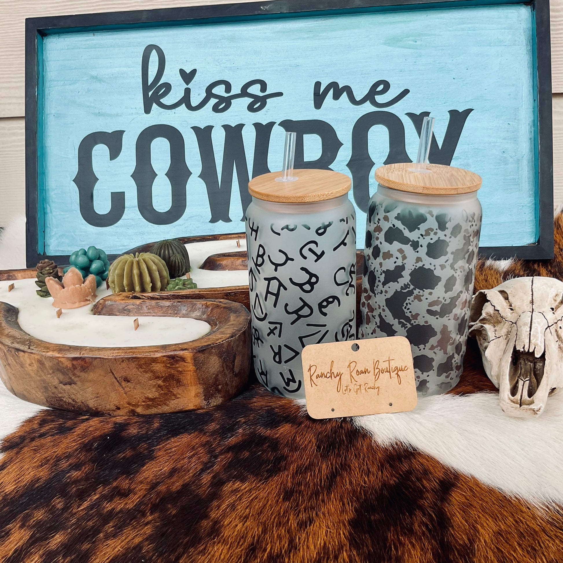 Brown and Black Cowhide  Frosted Glass 16 oz Western Tumbler - Ranchy Roan Boutique 