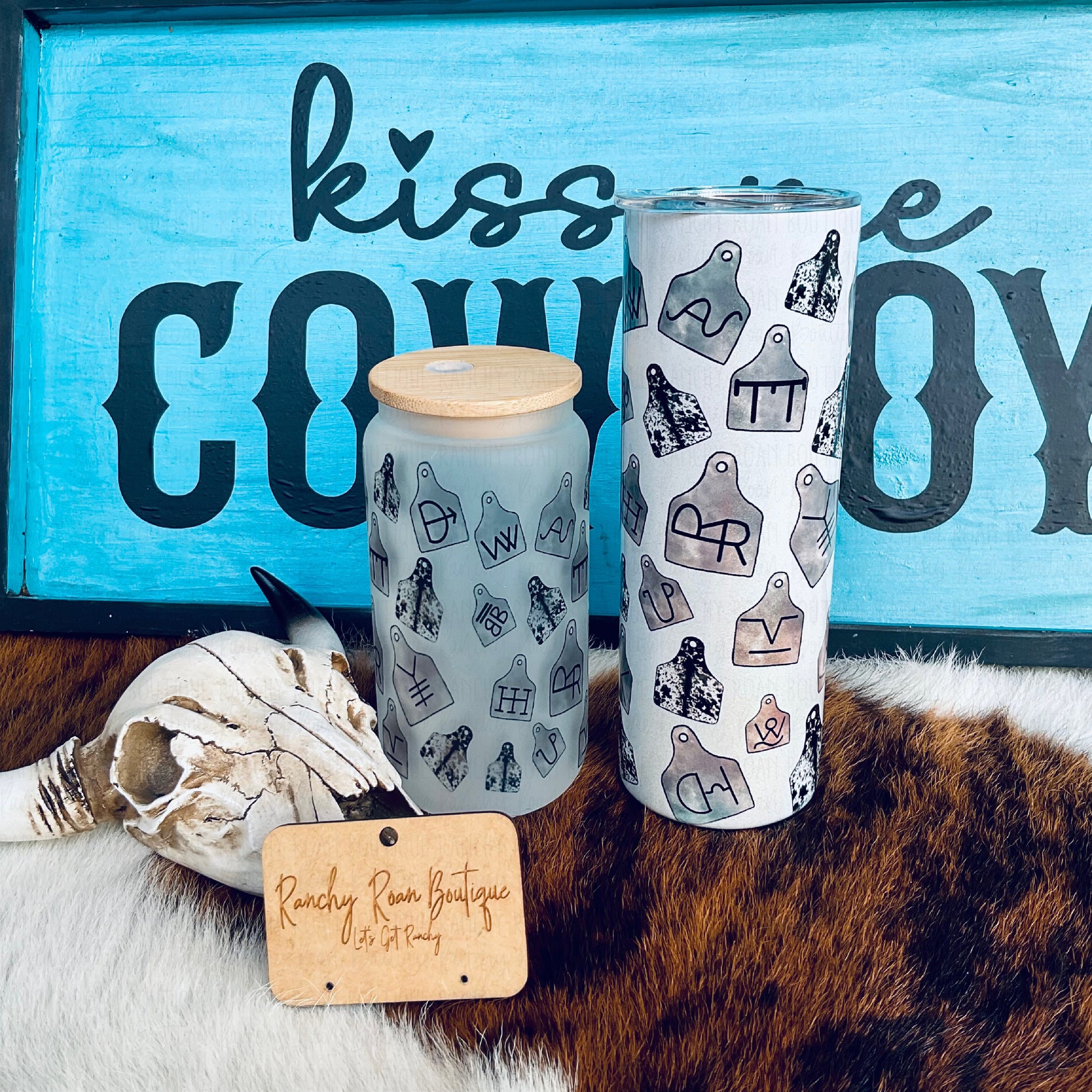 Cowhide Cattle Tag Frosted Glass Western 16 oz Tumbler - Ranchy Roan Boutique 