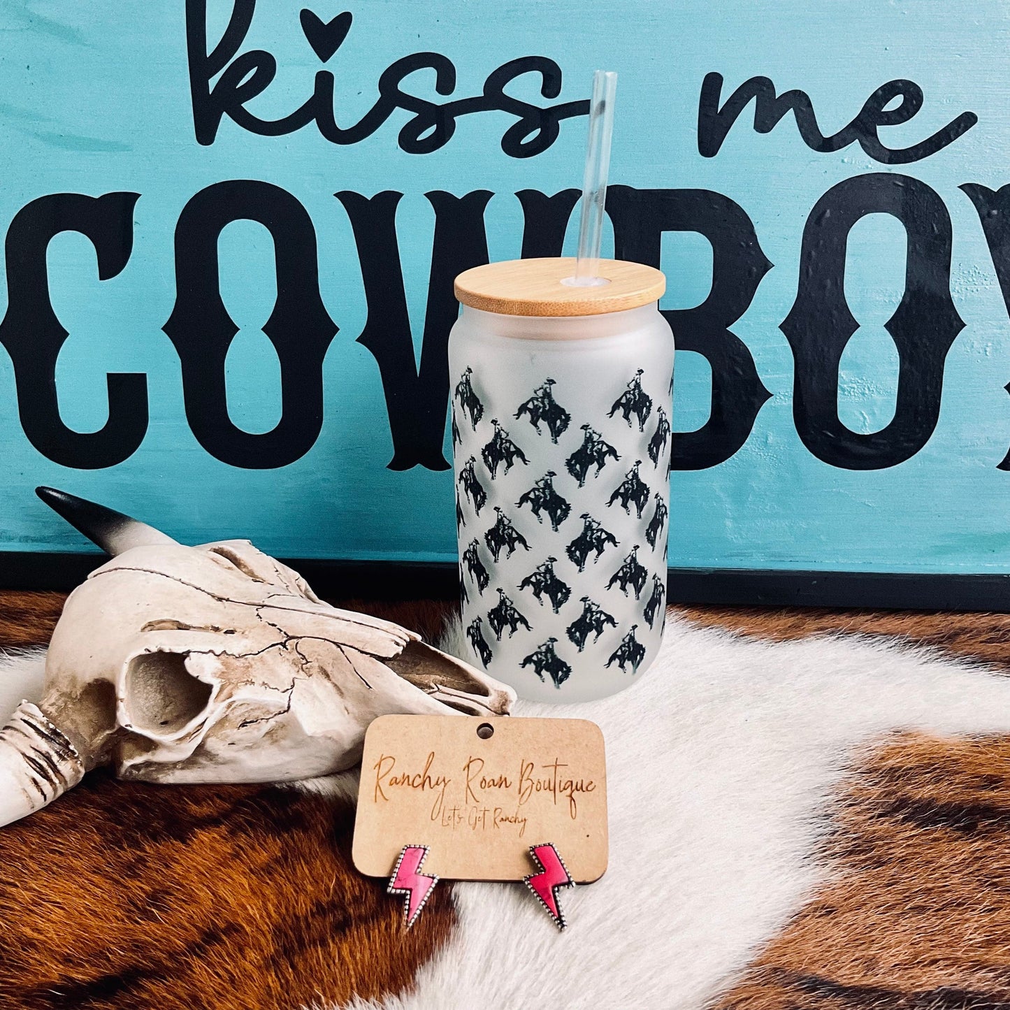 Rodeo Bronc Bucking Frosted Glass 16 oz Western Tumbler - Ranchy Roan Boutique 