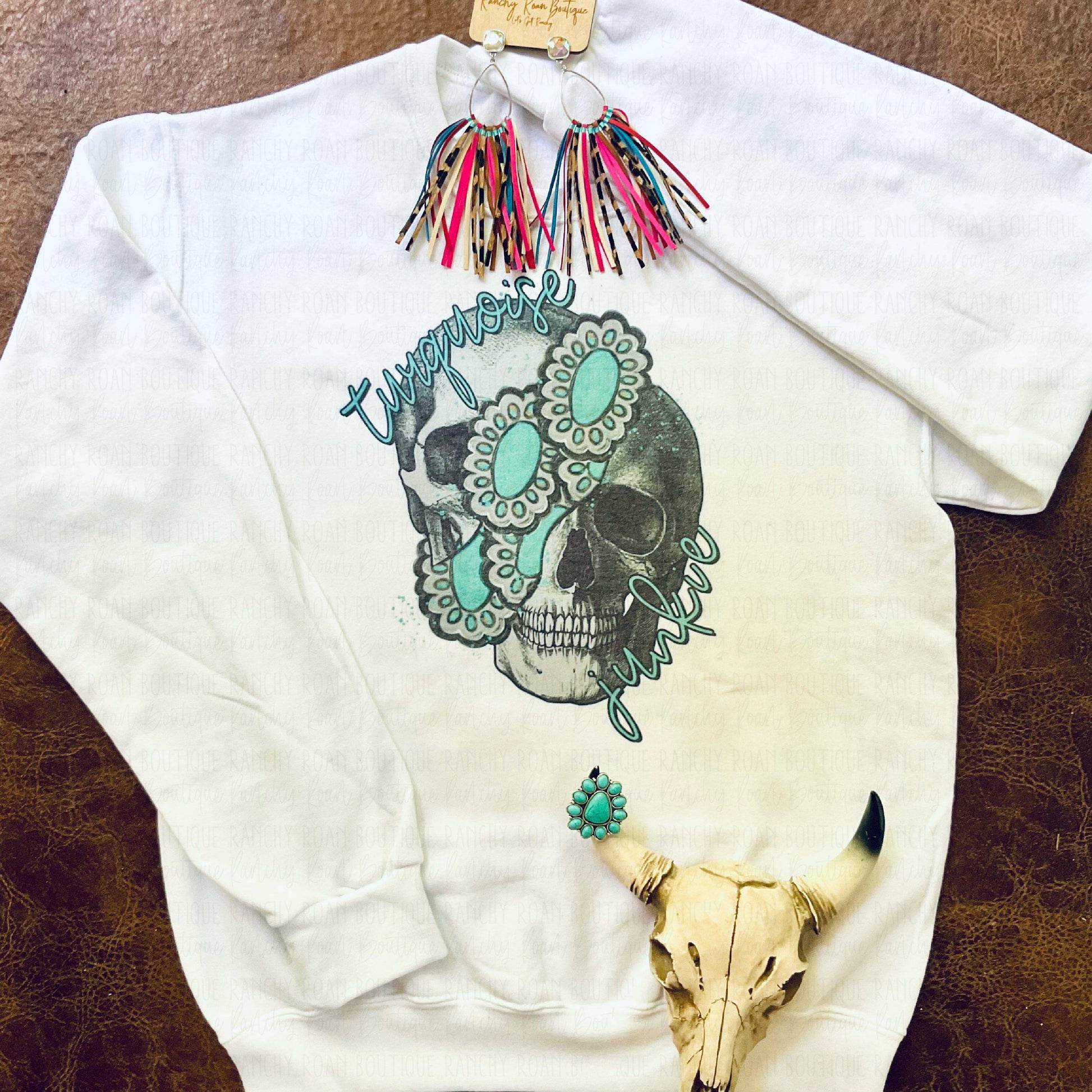 Turquoise Skull Sweatshirt - Ranchy Roan Boutique 