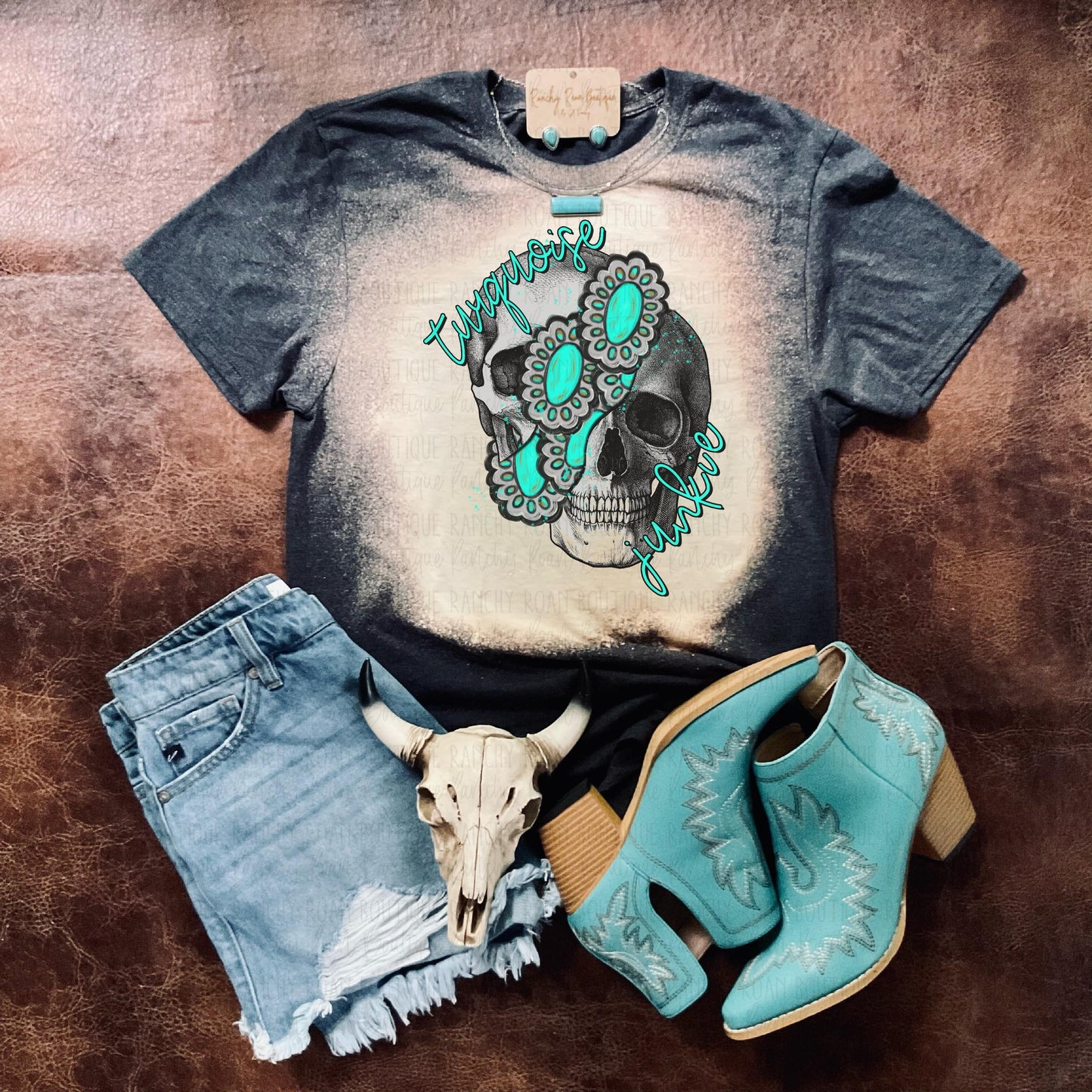 Turquoise Junkie Skull Tee - Ranchy Roan Boutique 