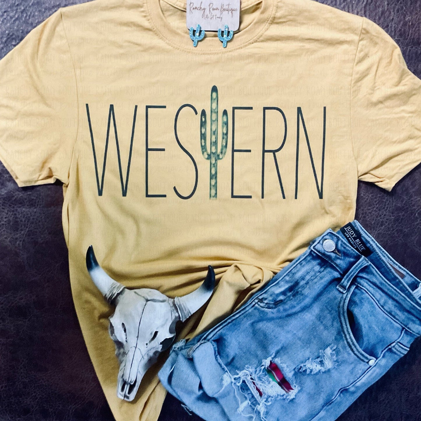 Western Cactus Mustard Tee - Ranchy Roan Boutique 