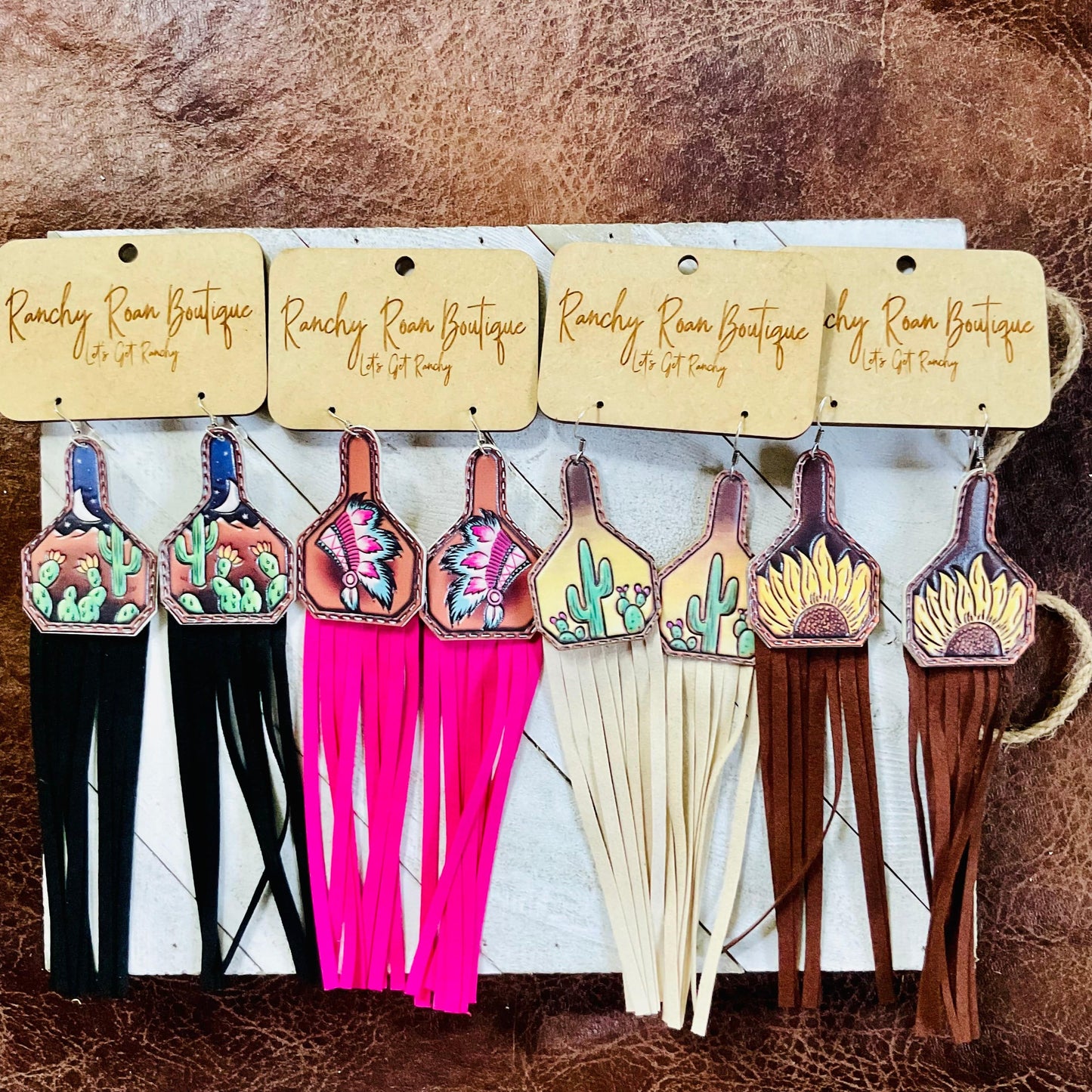 Cactus Leather with Tassel Dangle Cow Tag Earrings - Ranchy Roan Boutique 