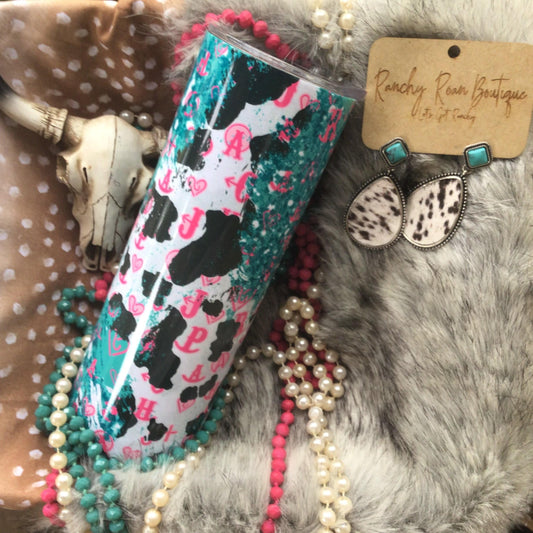 Cattle Brand Turquoise Cow Print 20oz Skinny Tumbler - Ranchy Roan Boutique 