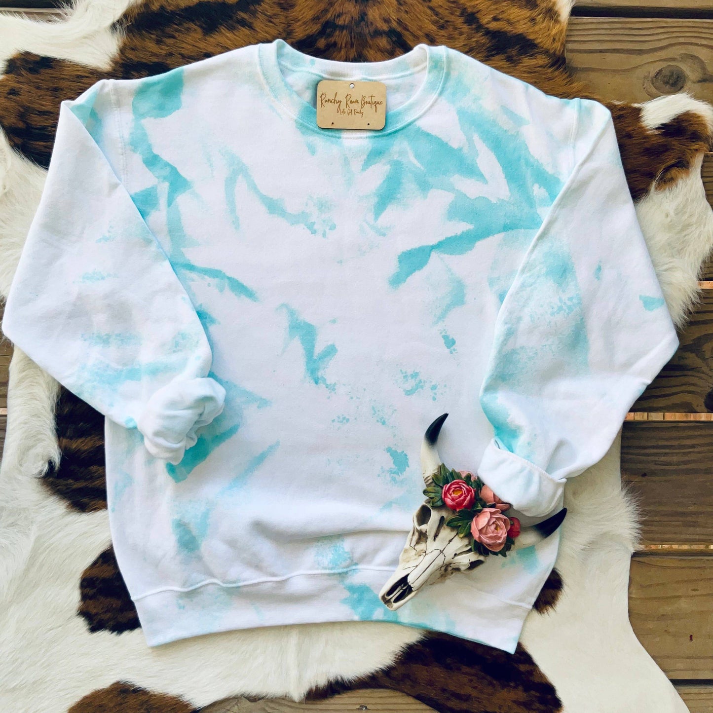 Distressed Turquoise Blank Splatter Sweatshirt - Ranchy Roan Boutique 