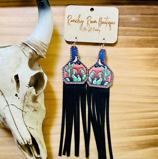 Cactus Leather with Tassel Dangle Cow Tag Earrings - Ranchy Roan Boutique 