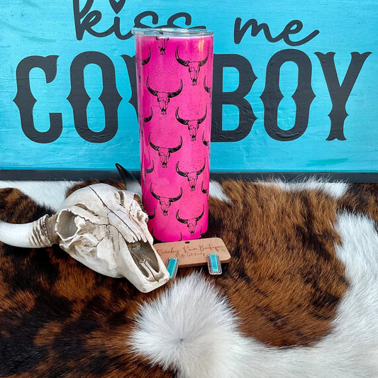 Neon Pink Black Bull Skull 20oz Shimmer Skinny Tumbler - Ranchy Roan Boutique 