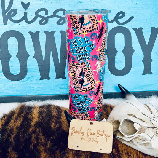 She’s A Cowboy Killer 20oz Shimmer Skinny Tumbler - Ranchy Roan Boutique 