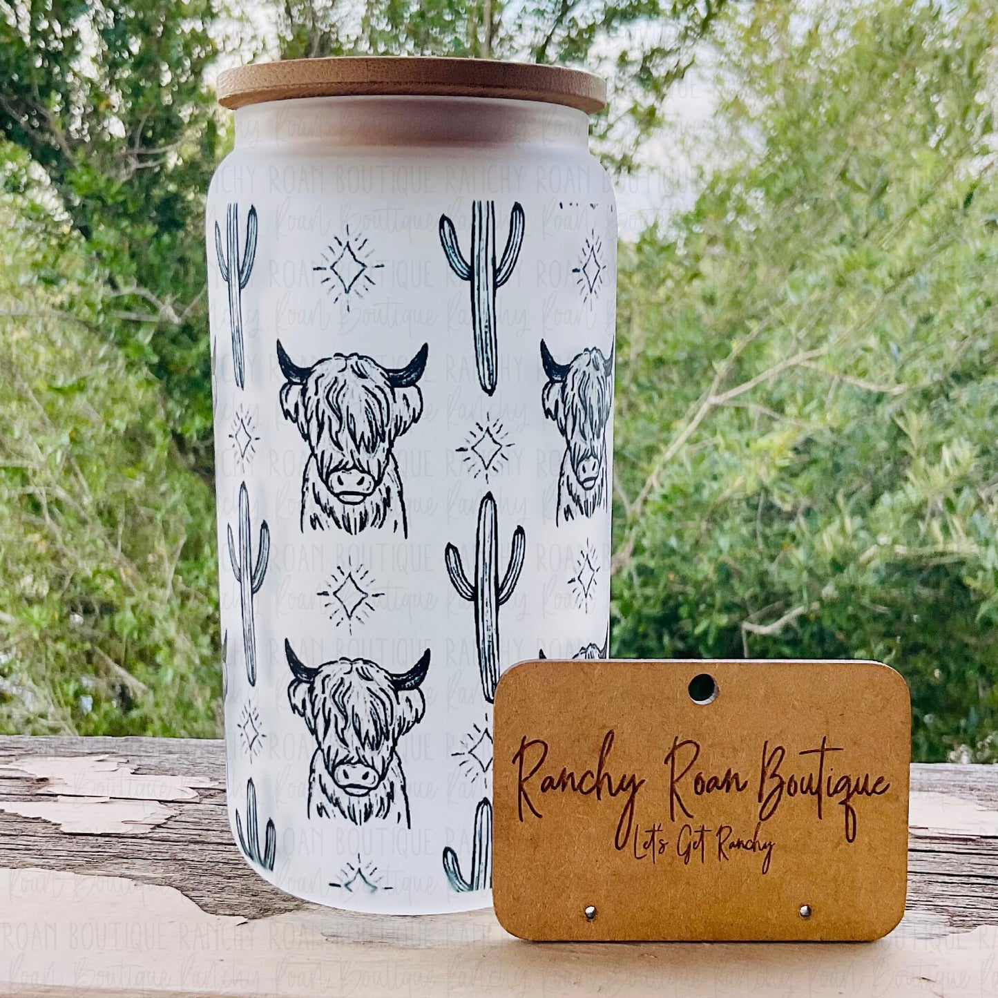 Boho Highlander Western Frosted Glass 16 oz Western Tumbler - Ranchy Roan Boutique 