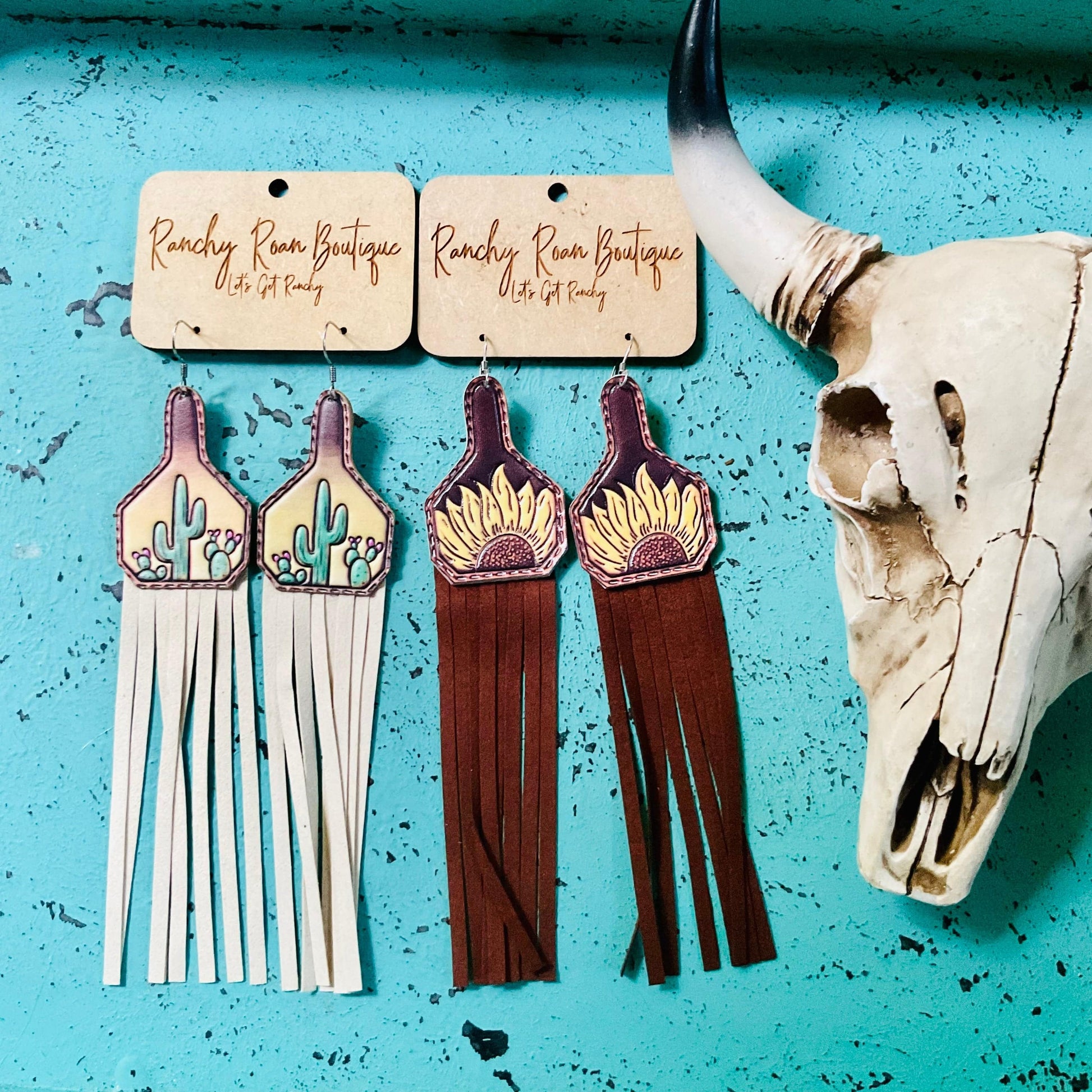 Tan Cactus Cow Tag Leather with Tassel Dangle Earrings - Ranchy Roan Boutique 